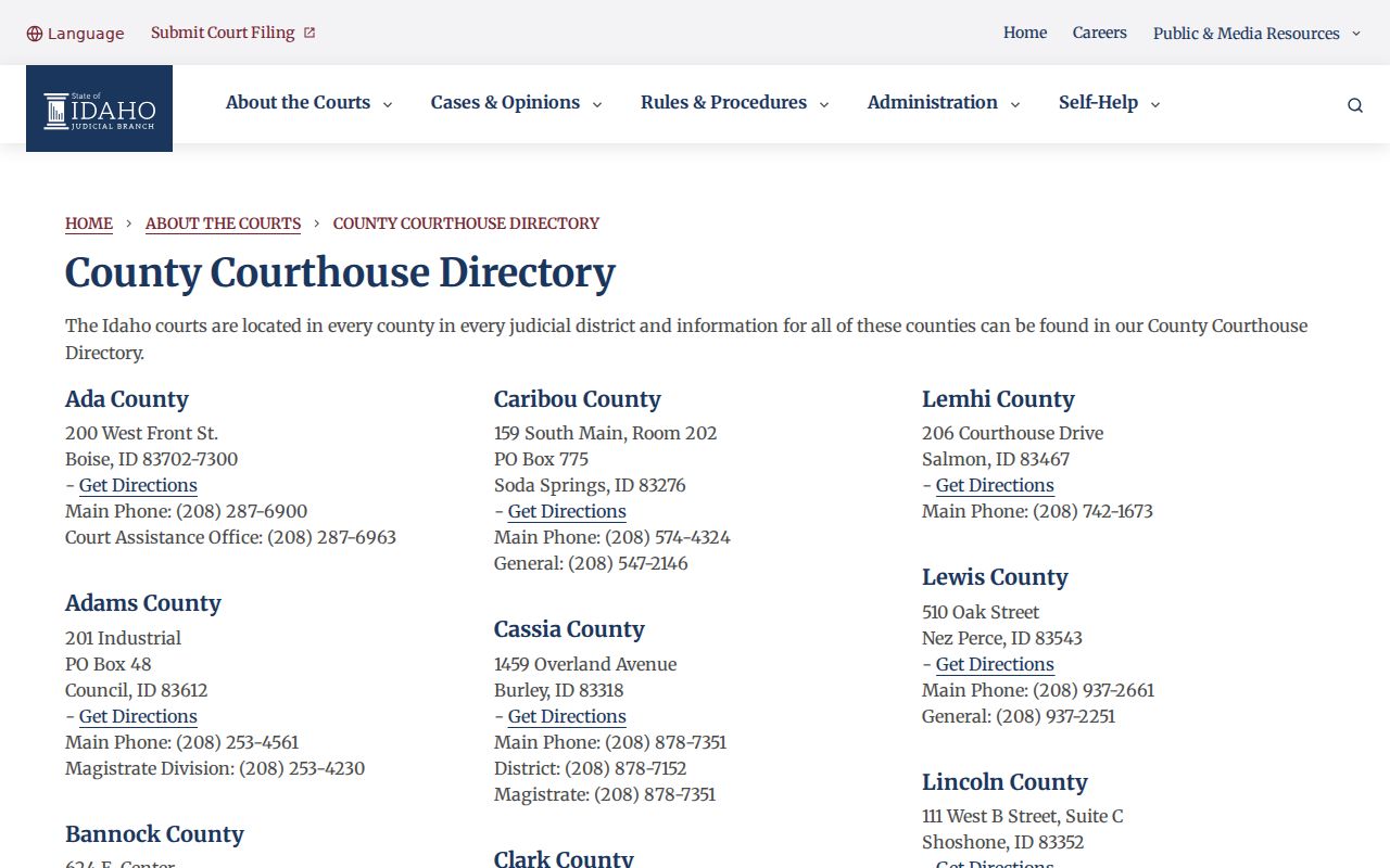 Idaho Judicial Branch Clark County courthouse directory entry