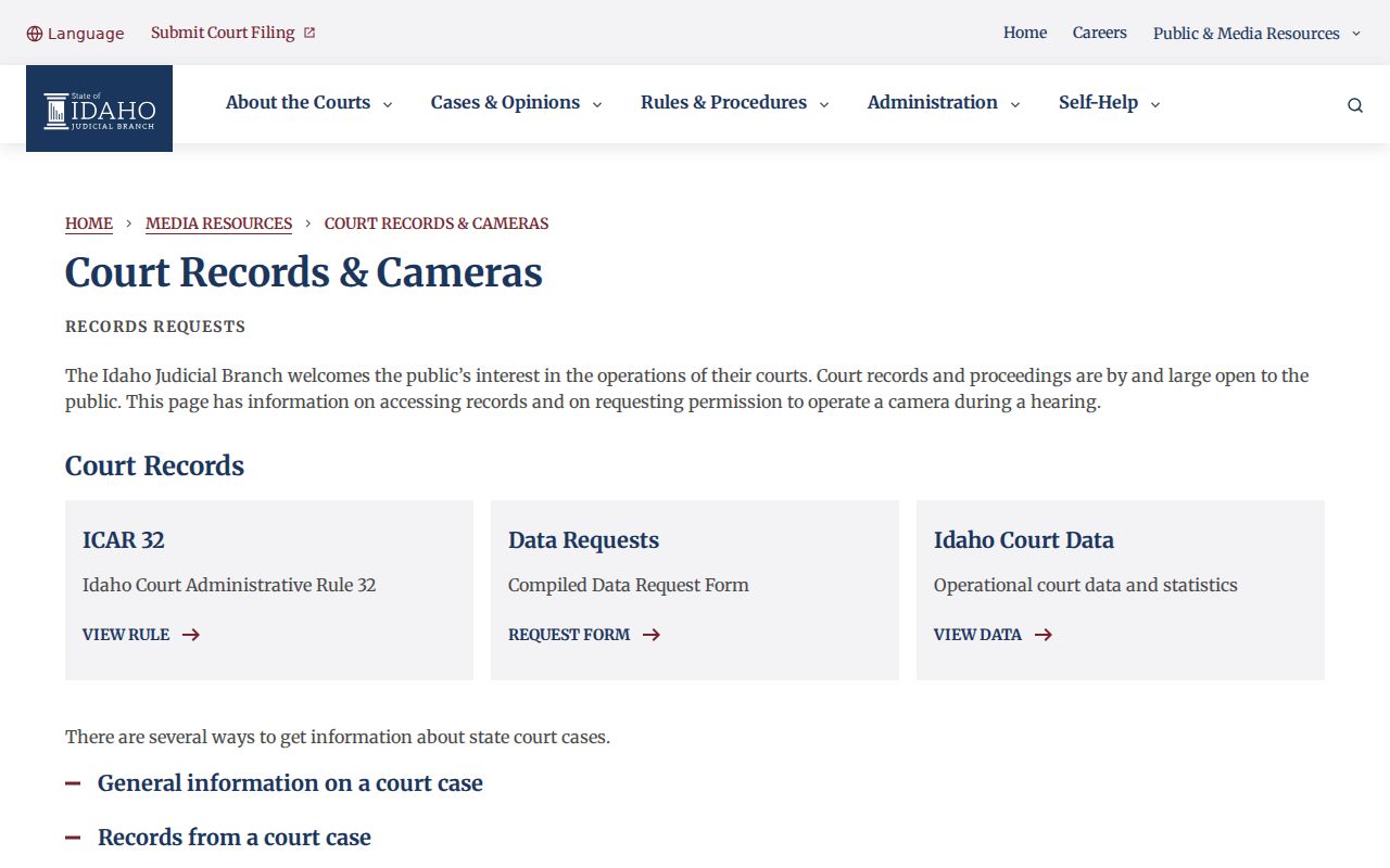 Idaho court records access guidance for iCourt kiosks and clerk requests