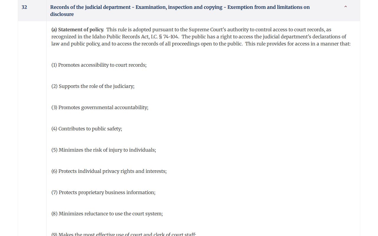 Idaho Court Administrative Rule 32 public access rules
