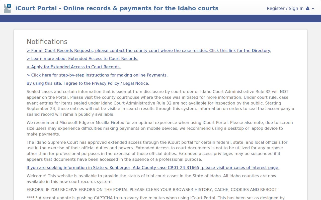 Idaho iCourt public case search interface