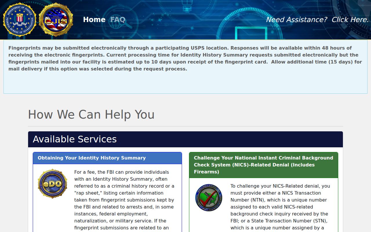 Clark County criminal history FBI own-record request portal