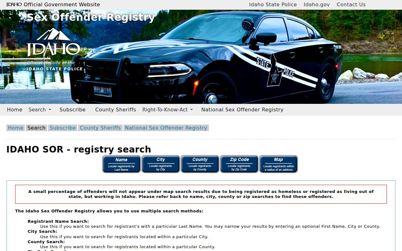 Idaho sex offender registry name county ZIP and map search tabs