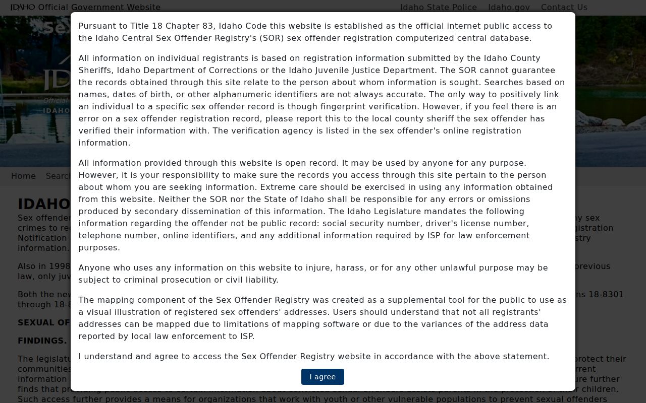 Idaho Central Sex Offender Registry access agreement